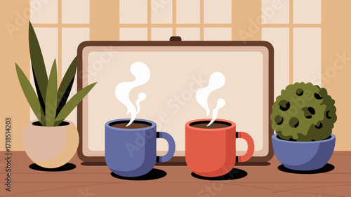Cozy Coffee Break: Steaming Cups Beside Plants and Framed Art, Relaxing Scene