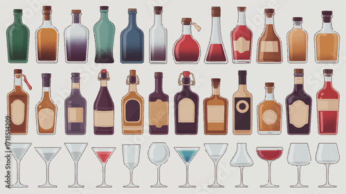 A detailed illustration of a barware and liquor collection arranged in three horizontal rows against a white background 
ed