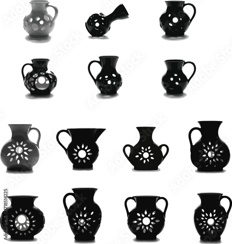 Black and gray pottery vases with cutouts jugs