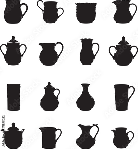 Black silhouettes of ceramic vessels pottery pitcher