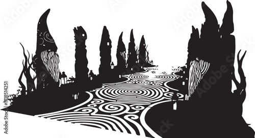 Mysterious pathway with swirling patterns and shadowy figures