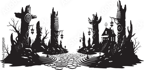 Spooky forest path with haunted house and lanterns