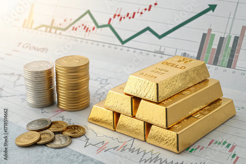 Stack of gold bars and coins with financial chart background, symbolizing wealth, investment, and economic growth