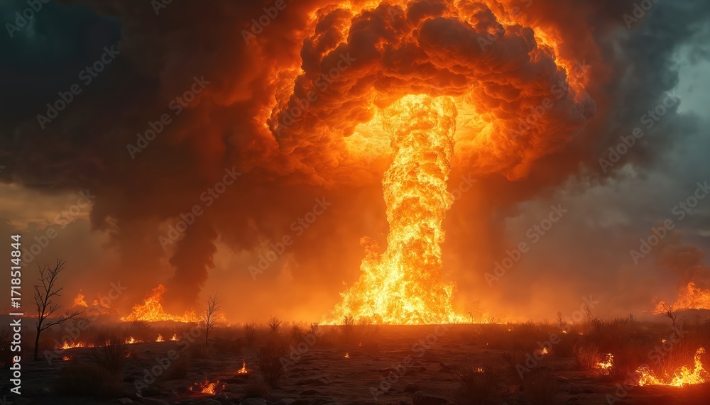 Obraz premium Massive fiery explosion erupts into dark stormy clouds. Flames engulf landscape, burning vegetation. Intense chaos unfolds with smoke plumes rising. Dramatic natural disaster event. Catastrophic