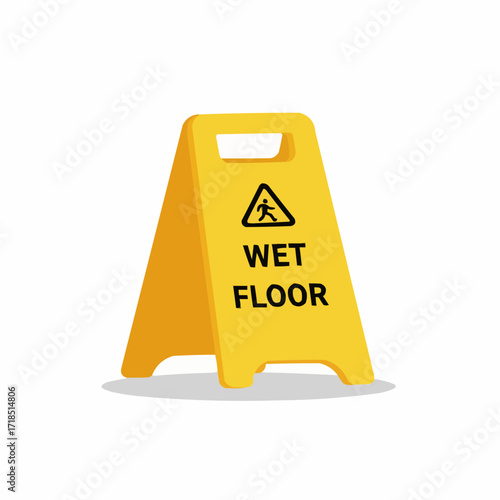 Wet floor caution sign in bright yellow color on white background  