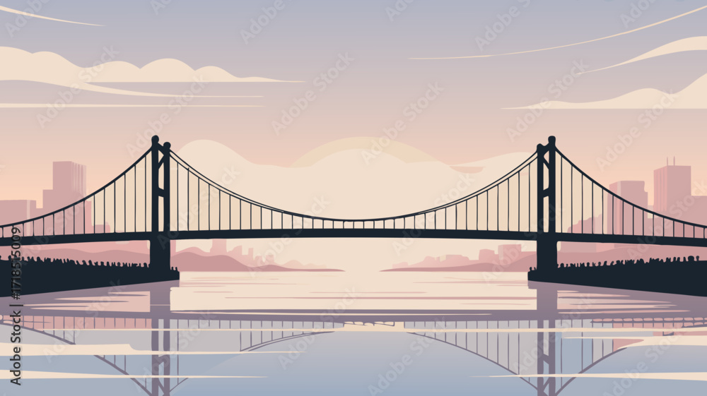 Obraz premium Stylized bridge silhouette over serene water with city skyline reflection and pastel sky