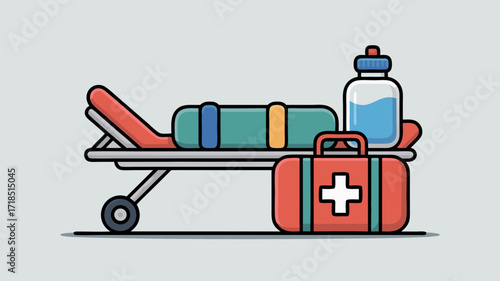 Medical illustration of Stretcher with First Aid Kit and Water Bottle for Healthcare.