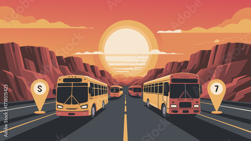 School buses travel on a scenic desert highway at sunset with navigation markers and landscape