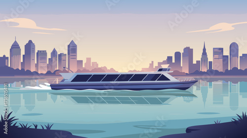 Modern city skyline scene with boat cruising scenic waters and sunset background