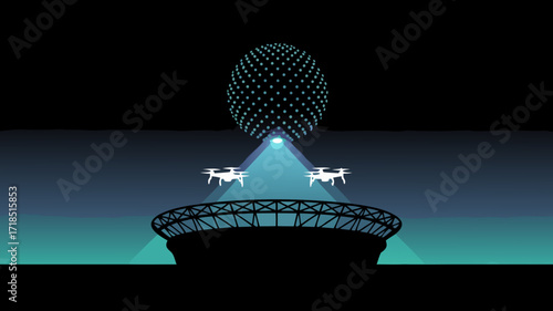 Drone technology concept design over a arena stadium with digital sphere illumination