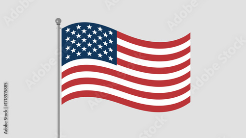 Vector illustration of American flag waving in the wind isolated on a grey background.