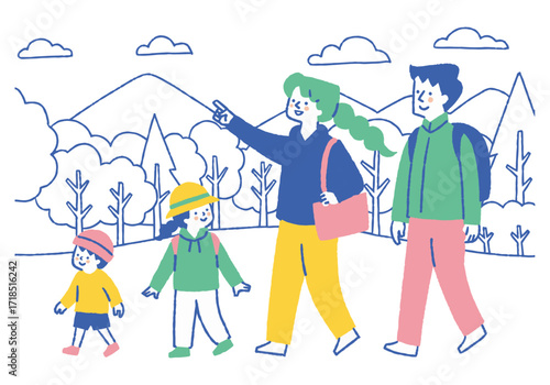 A family of four walking along a mountain path_color