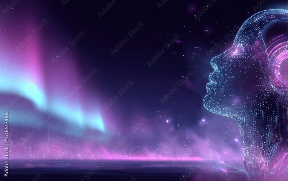Obraz premium Futuristic AI Female Head with Aurora Lights, Representing Technology, Innovation, and Digital Transformation