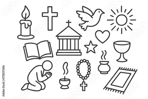 Religious Ceremony Symbols. Hand-drawn doodle illustration Religious ceremony candle, flame, cross, dove, book, heart, temple, star, spark, cup, incense, sun
