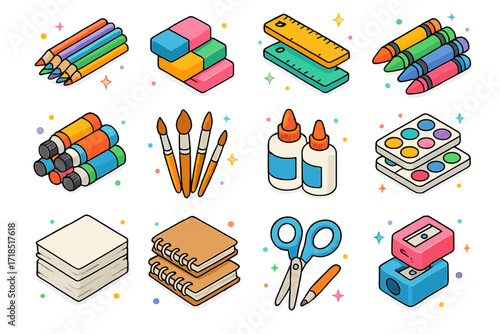 Colorful School Supplies Icons. Colorful isometric vector icons set of piled up school and art supplies: colored pencils pile, eraser stack, ruler bundle,
