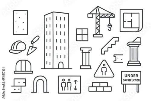 Construction Icon Doodle. Hand-drawn doodle illustration [monolithic building] [solid structure, tall building, concrete wall, crane, blueprint, hard hat,