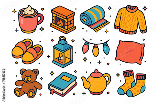 Cozy Night Icons. Cozy Night. Colorful isometric vector icons set of Cozy Night: hot chocolate, fireplace, wool blanket, knit sweater, slippers, candle