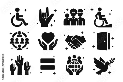 Inclusive Icon Set. Inclusion. Solid icons set of wheelchair symbol, sign language hand, diverse people, accessible ramp, inclusive circle, support heart,