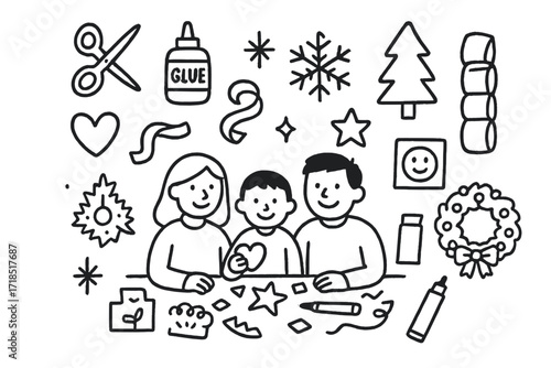 Family Holiday Crafting. Hand-drawn doodle illustration Making holiday decorations together scissors, glue, snowflake, heart, ribbon, pine tree, star, paper