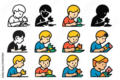 Tissue Flower Logo Designs. Set Logo of Kids Making Tissue Paper Flowers: Child cutting petals from tissue paper. Logo set in vector style,