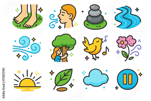 Nature Icon Harmony. Colorful isometric vector icons set of nature mindfulness and grounding: bare feet on grass, deep breath icon, meditation stone stack,