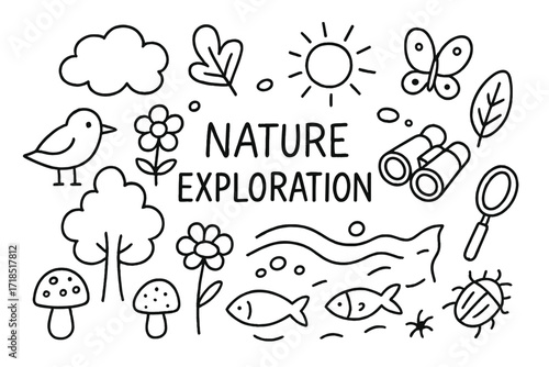 Nature Exploration Icons. Nature Exploration. Hand-drawn doodle illustration nature exploration tree, leaf, mushroom, flower, bird, butterfly, binoculars,