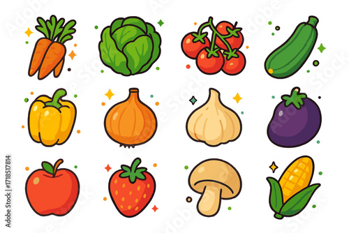 Colorful Produce Icons. Colorful isometric vector icons set of fresh produce selection: bunch of carrots, head of lettuce, cherry tomatoes, zucchini, bell