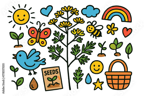 Nature Doodle Delight. Colorful Hand-drawn doodle Children illustration Dill in Nature [dill flower, butterfly, bee, sun, cloud, rainbow, leaf, sprout, bird,