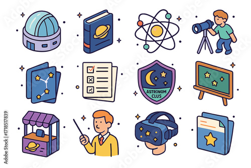 Astronomy Icon Set. Colorful isometric vector icons set of astronomy education and learning: planetarium dome, space textbook, orbit model, student telescope,