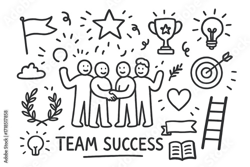 Team Success Icons. Hand-drawn doodle illustration Team success handshake, group of people, star, trophy, laurel wreath, flag, target, heart, lightbulb,