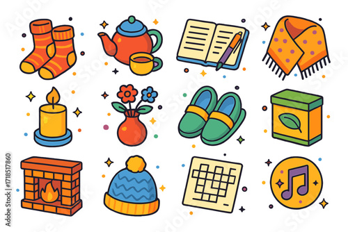 Cozy Reading Essentials Icons. Colorful isometric vector icons set of Reading and Relaxation Time: warm socks, teapot with cup, notebook with pen, cozy shawl,