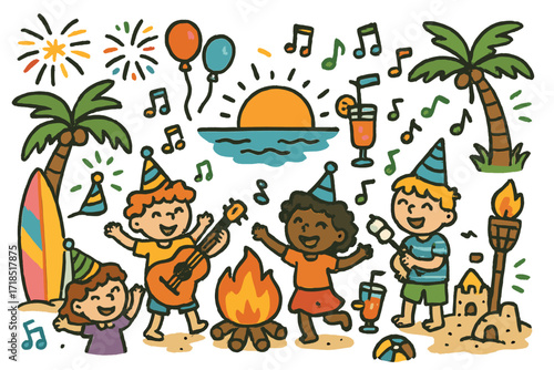 Beach Bonfire Celebration. Colorful Hand-drawn doodle Children illustration Friends beach party at sunset bonfire, guitar, marshmallows on stick, beach ball,
