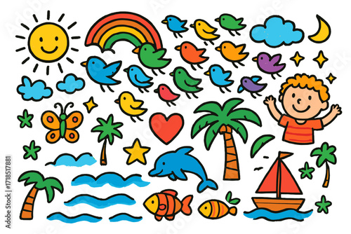 Children's Seaside Dream. Colorful Hand-drawn doodle Children illustration Birds Above the Sea flock of birds, waves, sun, rainbow, sparkles, fish, dolphin,