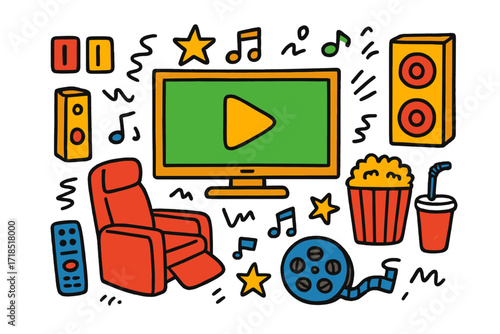 Home Theater Fun. Home Theater. Colorful Hand-drawn doodle Children illustration Home Theater television, remote, speakers, popcorn, soda cup, recliner chair,
