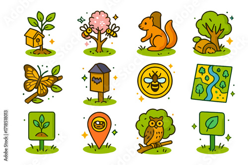 Tree Planting Icons. Colorful isometric vector icons set of Tree planting for wildlife: birdhouse in sapling, bee-friendly blossom tree, squirrel by trunk,