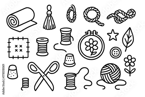 Textile Craft Doodle. Hand-drawn doodle illustration Decorative textile crafts [fabric roll, tassel, rope, knot, patch, embroidery hoop, thread, spool, yarn