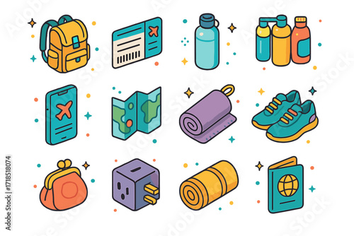 Minimalist Travel Icons. Colorful isometric vector icons set of backpacker and minimalist travel: compact backpack, digital boarding pass, reusable water