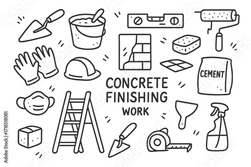 Concrete Work Icons. Hand-drawn doodle illustration Concrete finishing work on floors and walls [trowel, concrete bucket, level tool, roller brush, wall