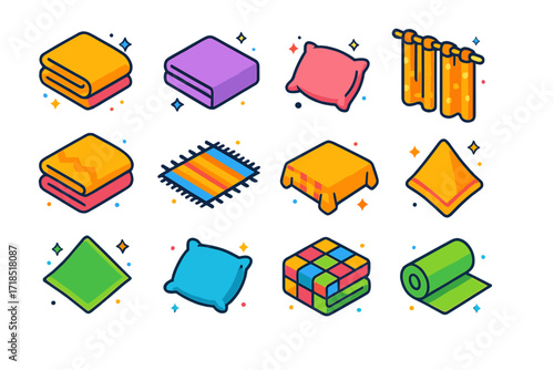 Colorful Textiles Icons. Home textiles. Colorful isometric vector icons set of home textiles: bath towel, bedsheet, pillowcase, curtain, blanket,