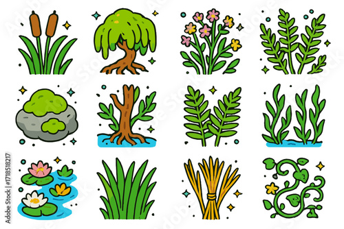River Plant Icons. Colorful isometric vector icons set of River plants and foliage: cattails, willow tree, algae bloom, wildflowers, mossy rock, submerged