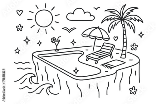 Cliffside Infinity Pool Doodle. Hand-drawn doodle illustration Cliffside infinity pool [infinity pool, cliff, wave, sun, cloud, bird, palm tree, lounge chair,