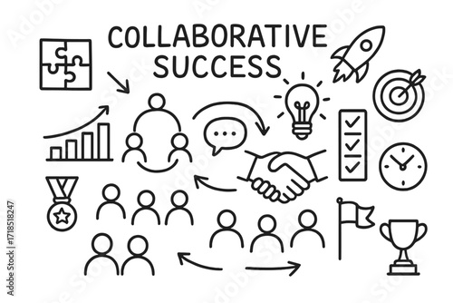 Collaborative Success Icons. Hand-drawn doodle illustration Collaborative success puzzle pieces, team circle, light bulb, rocket, target, graph chart, chat