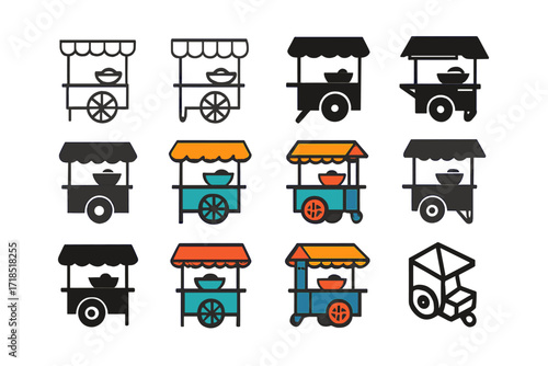 Thai Street Food Logos. Set Logo of Food culture and traditions: Thai street food cart. Logo set in vector style, emblematic variations. line, bold thick line,