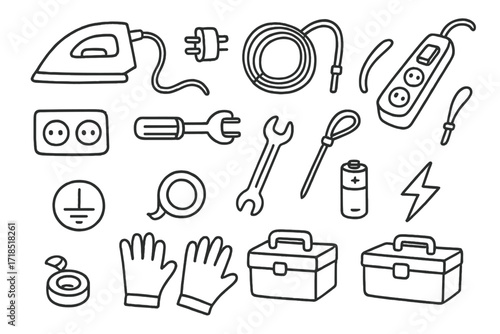 Iron Cord Tools. Hand-drawn doodle illustration [Electrical iron cord setup] [iron cord, plug, socket, wire coil, extension cord, cable tie, power switch,