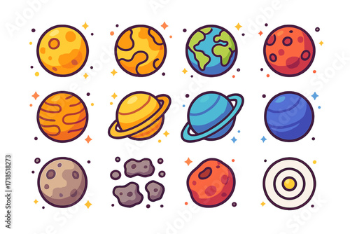 Solar System Icons. Colorful isometric vector icons set of solar system planets: Mercury, Venus, Earth, Mars, Jupiter, Saturn, Uranus, Neptune, dwarf planet