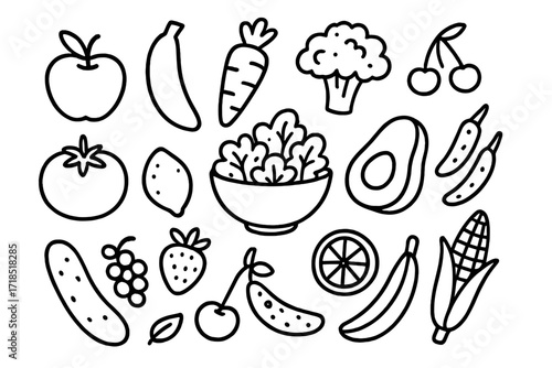 Healthy Food Doodles. Hand-drawn doodle illustration healthy eating fruits and vegetables, apple, banana, carrot, broccoli, tomato, avocado, salad bowl, lemon,