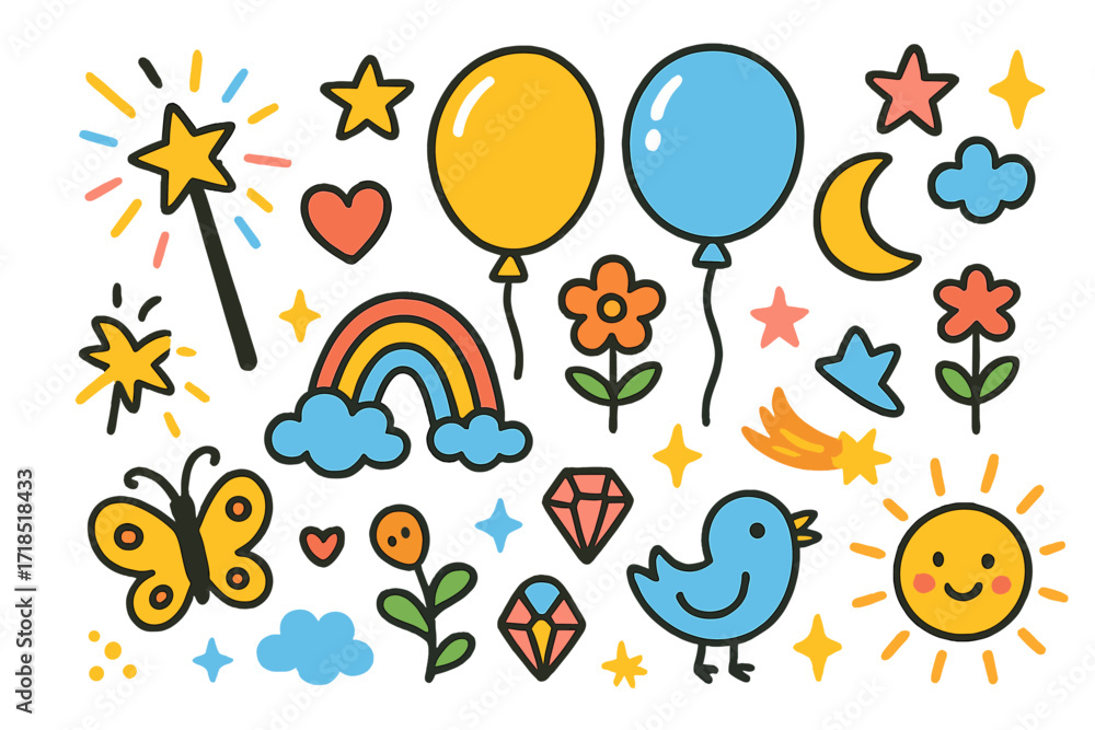 Obraz premium Magic Balloon Doodles. Colorful Hand-drawn doodle Children illustration Magic Balloons [balloon, wand, star, rainbow, heart, spark, moon, flower, cloud, sun,