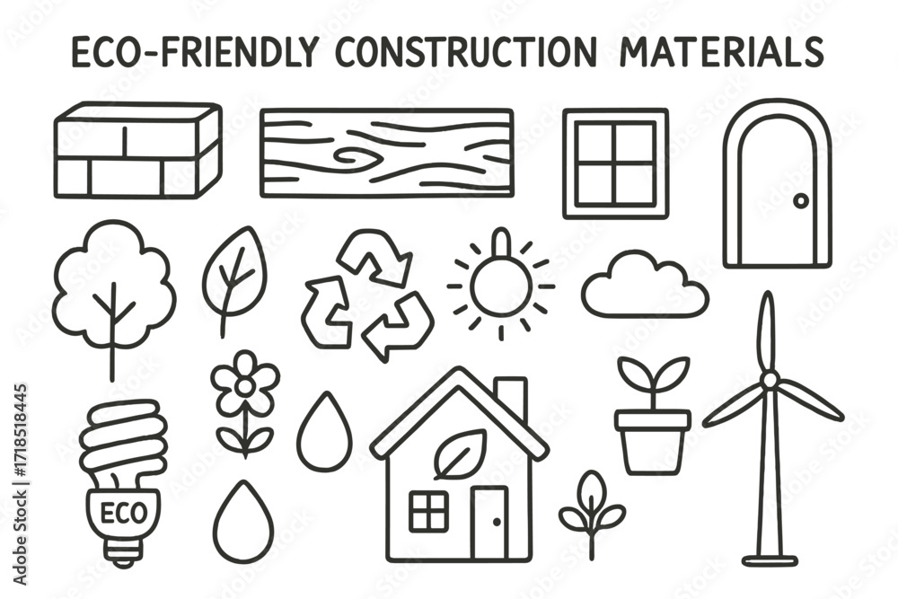 Fototapeta premium Eco-Friendly Icons. Hand-drawn doodle illustration Eco-friendly construction materials [brick, wood plank, window, door, tree, leaf, flower, recycling symbol,