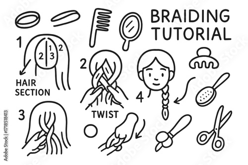 Hair Braiding Tutorial. Hand-drawn doodle illustration Braiding Tutorial hair section, braid, arrow, elastic band, comb, mirror, hair clip, step number, hand