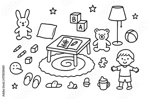 Kids Playroom Doodles. Hand-drawn doodle illustration Kids play corner plush toy, blocks, cushion, crayons, play rug, teddy bear, coloring book, ball, low